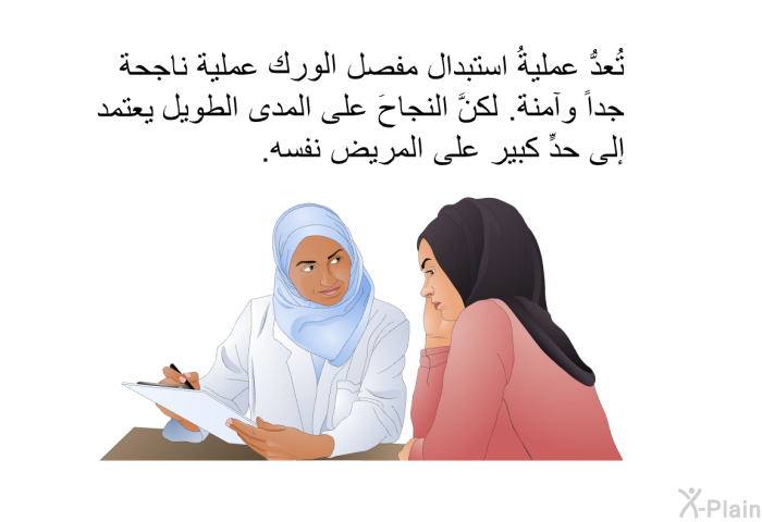 تُعدُّ عمليةُ استبدال مفصل الورك عملية ناجحة جداً وآمنة. لكنَّ النجاحَ على المدى الطويل يعتمد إلى حدٍّ كبير على المريض نفسه.