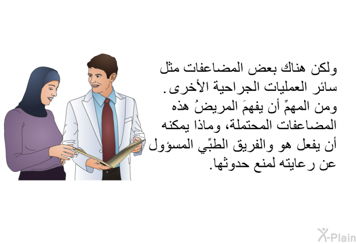 ولكن هناك بعض المضاعفات مثل سائر العمليات الجراحية الأخرى. ومن المهمِّ أن يفهمَ المريضُ هذه المضاعفات المحتملة، وماذا يمكنه أن يفعل هو والفريق الطبِّي المسؤول عن رعايته لمنع حدوثها.