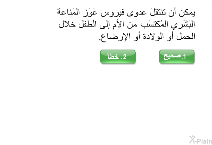 يمكن أن تنتقلَ عدوى فيروس عَوَز المَناعة البَشَري المُكتسَب من الأم إلى الطفل خلال الحمل أو الولادة أو الإرضاع.