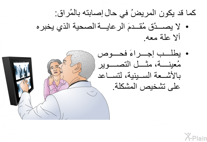 كما قد يكون المريضُ في حال إصابته بالمُراق:  لا يصدِّق مُقدمَ الرعاية الصحية الذي يخبره ألا علة معه. يطلب إجراءَ فحوص مُعينة، مثل التصوير بالأشعة السينية، لتساعد على تشخيص المشكلة.