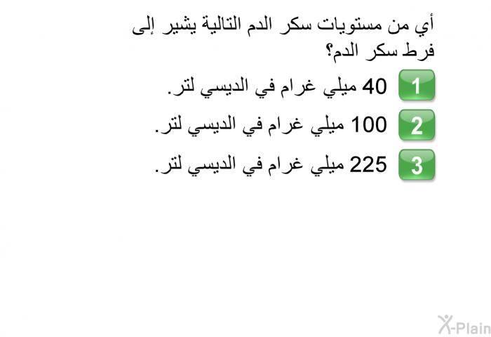 أي من مستويات سكر الدم التالية يشير إلى فرط سكر الدم؟  40 ميلي غرام في الديسي لتر. 100 ميلي غرام في الديسي لتر. 225 ميلي غرام في الديسي لتر.