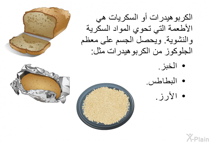 الكربوهيدرات أو السكريات هي الأطعمة التي تحوي المواد السكرية والنشوية. ويحصل الجسم على معظم الجلوكوز من الكربوهيدرات مثل:  الخبز. البطاطس. الأرز.