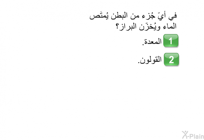 في أيّ جُزء من البطن يُمتَص الماء ويُخزّن البراز؟  المعدة. القولون.