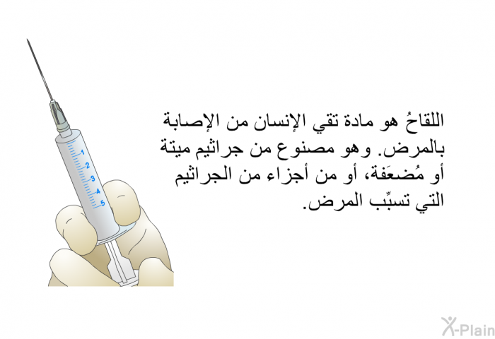 اللقاحُ هو مادة تقي الإنسان من الإصابة بالمرض. وهو مصنوع من جراثيم ميتة أو مُضعَفة، أو من أجزاء من الجراثيم التي تسبِّب المرض.