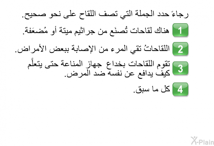 رجاءاً حدد الجملة التي تصف اللقاح على نحو صحيح؟   هناك لقاحات تُصنَع من جراثيم ميتة أو مُضعَفة.  اللقاحاتُ تقي المرء من الإصابة ببعض الأمراض.  تقوم اللقاحات "بخداع" جهاز المناعة حتى يتعلَّم كيف يدافع عن نفسه ضد المرض.  كل ما سبق.