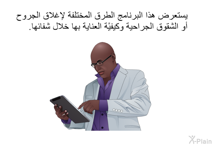 تستعرض هذه المعلومات الصحية الطرق المختلفة لإغلاق الجروح أو الشقوق الجراحية وكيفيَّة العناية بها خلال شفائها.