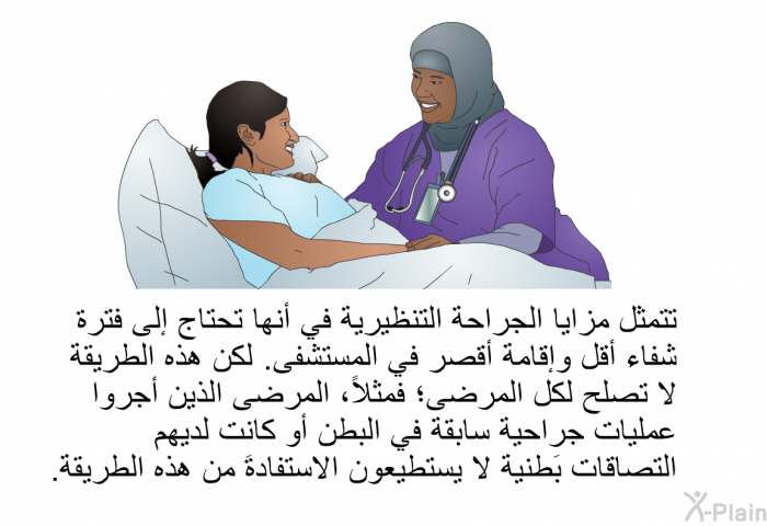 تتمثَّل مزايا الجراحة التنظيرية في أنَّها تحتاج إلى فترة شفاء أقل وإقامة أقصر في المستشفى. لكنَّ هذه الطريقة لا تصلُح لكلِّ المرضى؛ فمثلاً، المرضى الذين أجروا عمليات جراحية سابقة في البطن أو كانت لديهم التصاقات بَطنية لا يستطيعون الاستفادةَ من هذه الطريقة.
