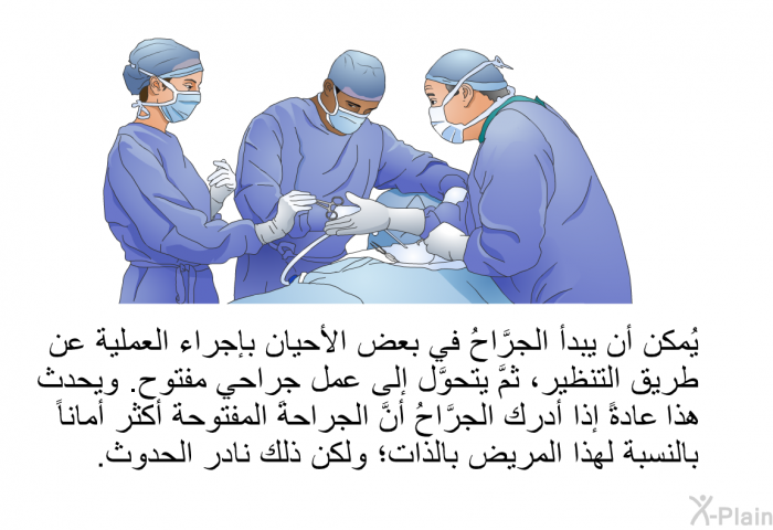 يُمكن أن يبدأ الجرَّاحُ في بعض الأحيان بإجراء العملية عن طريق التنظير، ثمَّ يتحوَّل إلى عمل جراحي مفتوح. ويحدث هذا عادةً إذا أدرك الجرَّاحُ أنَّ الجراحةَ المفتوحة أكثر أماناً بالنسبة لهذا المريض بالذات؛ ولكن ذلك نادر الحدوث.