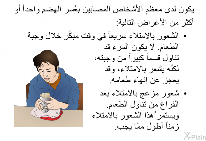 يكون لدى معظم الأشخاص المصابين بعُسر الهضم واحداً أو أكثر من الأعراض التالية:  الشعور بالامتلاء سريعاً في وقت مبكِّر خلال وجبة الطعام. لا يكون المرء قد تناول قسماً كبيراً من وجبته، لكنَّه يشعر بالامتلاء، وقد يعجز عن إنهاء طعامه. شعور مزعج بالامتلاء بعد الفراغ من تناول الطعام. ويستمرُّ هذا الشعور بالامتلاء زمناً أطول ممَّا يجب.