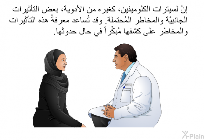 إنَّ لسيترات الكلوميفين، كغيره من الأدوية، بعض التأثيرات الجانبيَّة والمخاطر المُحتملة. وقد تُساعد معرفةُ هذه التأثيرات والمخاطر على كشفها مُبكِّراً في حال حدوثها.