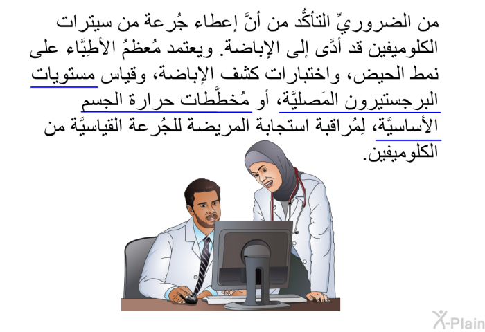 من الضروريِّ التأكُّد من أنَّ إعطاء جُرعة من سيترات الكلوميفين قد أدَّى إلى الإباضة. ويعتمد مُعظمُ الأطِبَّاء على نمط الحيض، واختبارات كشف الإباضة، وقياس مستويات البرجستيرون المَصليَّة، أو مُخطَّطات حرارة الجِسم الأساسيَّة، لِمُراقبة استجابة المريضة للجُرعة القياسيَّة من الكلوميفين.