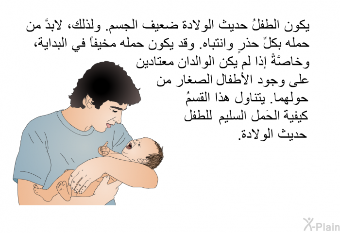 يكون الطفلُ حديث الولادة ضعيف الجسم. ولذلك، لابدَّ من حمله بكلِّ حذرٍ وانتباه. وقد يكون حمله مخيفاً في البداية، وخاصَّةً إذا لم يكن الوالدان معتادين على وجود الأطفال الصغار من حولهما. يتناول هذا القسمُ كيفيةَ الحَمل السليم للطفل حديث الولادة.