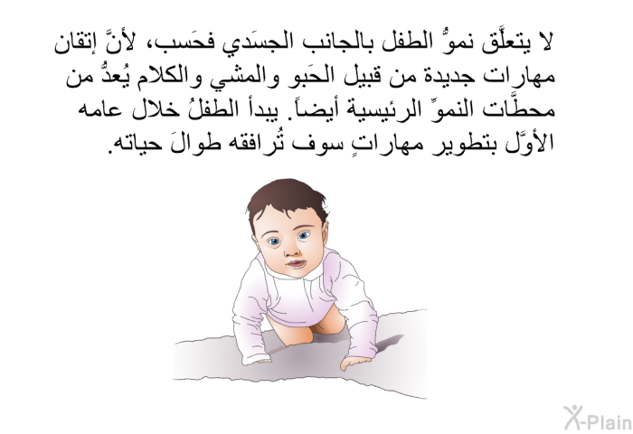 لا يتعلَّق نموُّ الطفل بالجانب الجسَدي فحَسب، لأنَّ إتقان مهارات جديدة من قبيل الحَبو والمشي والكلام يُعدُّ من محطَّات النموِّ الرئيسية أيضاً. يبدأ الطفلُ خلال عامه الأوَّل بتطوير مهاراتٍ سوف تُرافقه طوالَ حياته.