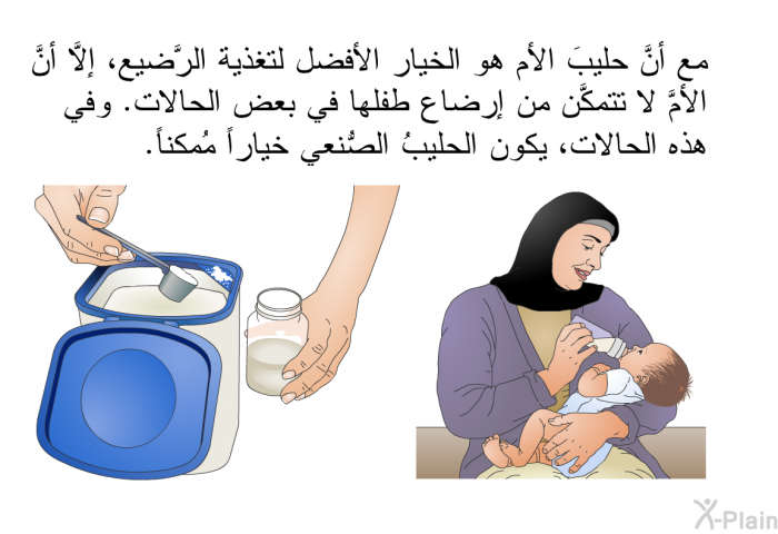 مع أنَّ حليبَ الأم هو الخيار الأفضل لتغذية الرَّضيع، إلاَّ أنَّ الأمَّ لا تتمكَّن من إرضاع طفلها في بعض الحالات. وفي هذه الحالات، يكون الحليبُ الصُّنعي خياراً مُمكناً.