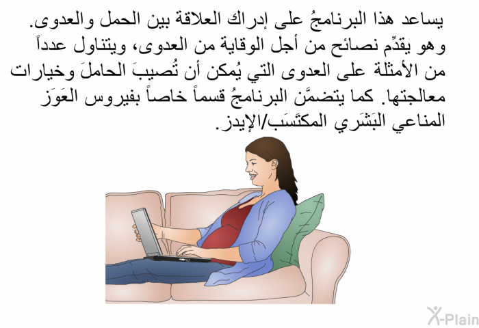 تساعد هذه المعلومات الصحية على إدراك العلاقة بين الحمل والعدوى. وهي تقدِّم نصائح من أجل الوقاية من العدوى، وتتناول عدداً من الأمثلة على العدوى التي يُمكن أن تُصيبَ الحاملَ وخيارات معالجتها. كما تتضمَّن المعلومات قسماً خاصاً بفيروس العَوَز المناعي البَشَري المكتَسَب/الإيدز.