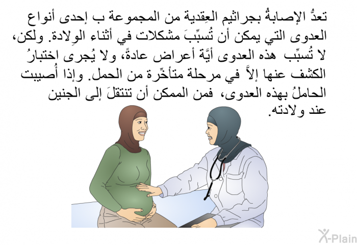 تعدُّ الإصابةُ بجراثيم العِقدية من المجموعة ب إحدى أنواع العدوى التي يمكن أن تُسبِّبَ مشكلات في أثناء الوِلادة. ولكن، لا تُسبِّب هذه العدوى أيَّةَ أعراض عادةً، ولا يُجرى اختبارُ الكشف عنها إلاَّ في مرحلة متأخِّرة من الحمل. وإذا أُصيبت الحاملُ بهذه العدوى، فمن الممكن أن تنتقلَ إلى الجنين عند ولادته.