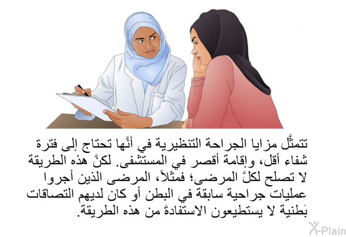 تتمثَّل مزايا الجراحة التنظيرية في أنَّها تحتاج إلى فترة شفاء أقل، وإقامة أقصر في المستشفى. لكنَّ هذه الطريقة لا تصلُح لكلَّ المرضى؛ فمثلاً، المرضى الذين أجروا عمليات جراحية سابقة في البطن أو كان لديهم التصاقات بَطنية لا يستطيعون الاستفادةَ من هذه الطريقة.