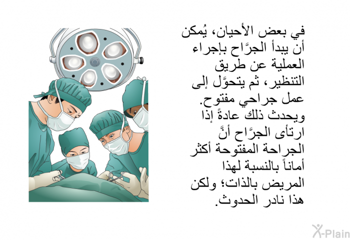 في بعض الأحيان، يُمكن أن يبدأ الجرَّاح بإجراء العملية عن طريق التنظير، ثم يتحوَّل إلى عمل جراحي مفتوح. ويحدث ذلك عادةً إذا ارتأى الجرَّاح أنَّ الجراحة المفتوحة أكثر أماناً بالنسبة لهذا المريض بالذات؛ ولكن هذا نادر الحدوث.