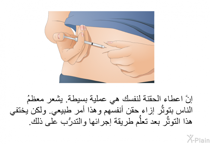 إنَّ اعطاء الحقنة لنفسك هي عملية بسيطة. يشعر معظمُ الناس بتوتُّر إزاء حقن أنفسهم وهذا أمر طبيعي. ولكن يختفي هذا التوتُّر بعد تعلُّم طريقة إجرائها والتدرُّب على ذلك.