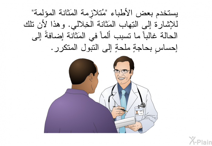 يُستخدم بعض الأطباء "مُتلازِمة المَثانة المؤلمة" للإشارة إلى التِهاب المَثانة الخِلالي. وهذا لأن تلك الحالة غالباً ما تسبب ألماً في المَثانة إضافةً إلى إحساسٍ بحاجةٍ ملحةٍ إلى التبول المتكرر.