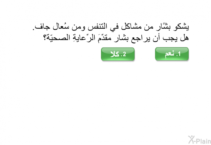 يشكو بشَّار من مشاكلَ في التنفس ومن سُعال جاف. هل يجب أن يراجعَ بشار مقدِّمَ الرِّعايةِ الصحيّة؟