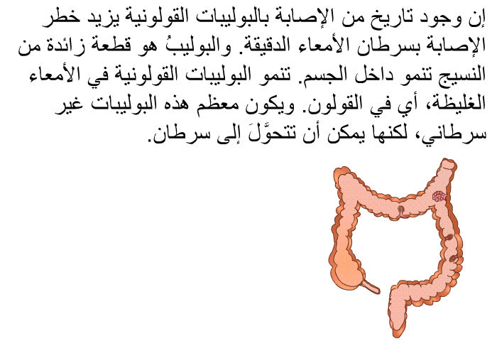 إن وجود تاريخ من الإصابة بالبوليبات القولونية يزيد خطر الإصابة بسرطان الأمعاء الدقيقة. والبوليبُ هو قطعة زائدة من النسيج تنمو داخل الجسم. تنمو البوليبات القولونية في الأمعاء الغليظة، أي في القولون. ويكون معظم هذه البوليبات غير سرطاني، لكنها يمكن أن تتحوَّلَ إلى سرطان.