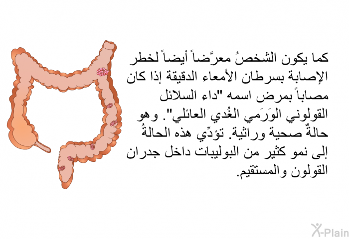 كما يكون الشخصُ معرَّضاً أيضاً لخطر الإصابة بسرطان الأمعاء الدقيقة إذا كان مصاباً بمرض اسمه "داء السلائل القولوني الوَرَمي الغُدي العائلي". وهو حالةٌ صحية وراثية. تؤدِّي هذه الحالةُ إلى نمو كثير من البوليبات داخل جدران القولون والمستقيم.