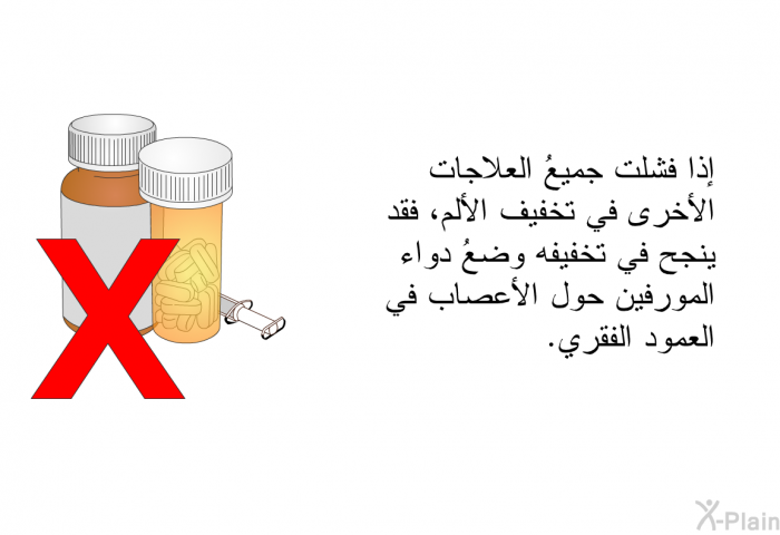 إذا فشلت جميعُ العلاجات الأخرى في تخفيف الألم، فقد ينجح في تخفيفه وضعُ دواء المورفين حول الأعصاب في العمود الفقري.