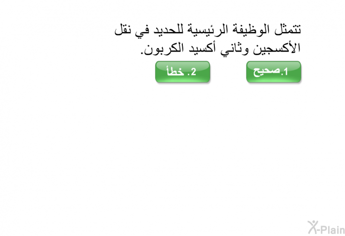 تتمثَّل الوظيفة الرئيسية للحديد في نقل الأكسجين وثاني أكسيد الكربون.