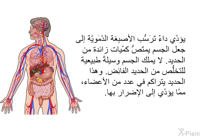 يؤدِّي داءُ تَرَسُّب الأصبِغة الدَّمَويَّة إلى جعل الجسم يمتَصُّ كمِّيات زائدة من الحديد. لا يملك الجسم وسيلةً طبيعية للتخلُّص من الحديد الفائِض. وهذا الحديد يتراكم في عدد من الأعضاء، ممَّا يؤدِّي إلى الإضرار بها.