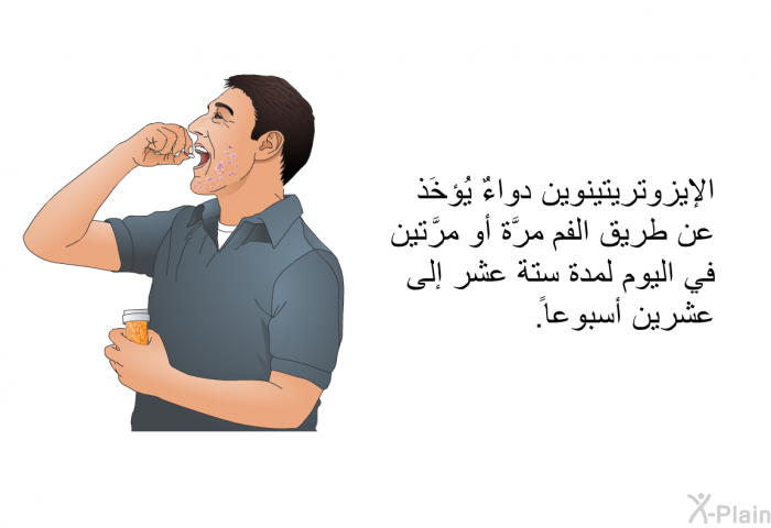 الإيزوتريتينوين دواءٌ يُؤخَذ عن طريق الفم مرَّة أو مرَّتين في اليوم لمدة ستة عشر إلى عشرين أسبوعاً.
