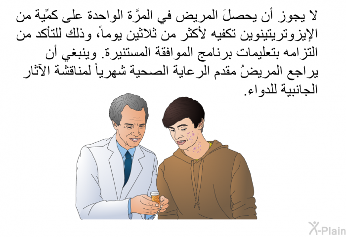 لا يجوز أن يحصلَ المريض في المرَّة الواحدة على كمِّية من الإيزوتريتينوين تكفيه لأكثر من ثلاثين يوماً، وذلك للتأكد من التزامه بتعليمات برنامج الموافقة المستنيرة. وينبغي أن يراجع المريضُ مقدم الرعاية الصحية شهرياً لمناقشة الآثار الجانبية للدواء.
