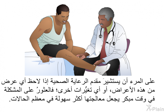 على المرء أن يستشيرَ مقدم الرعاية الصحية إذا لاحظ أي عرض من هذه الأعراض، أو أي تغيُّرات أخرى؛ فالعثورُ على المشكلة في وقت مبكر يجعل معالجتها أكثر سهولة في معظم الحالات.