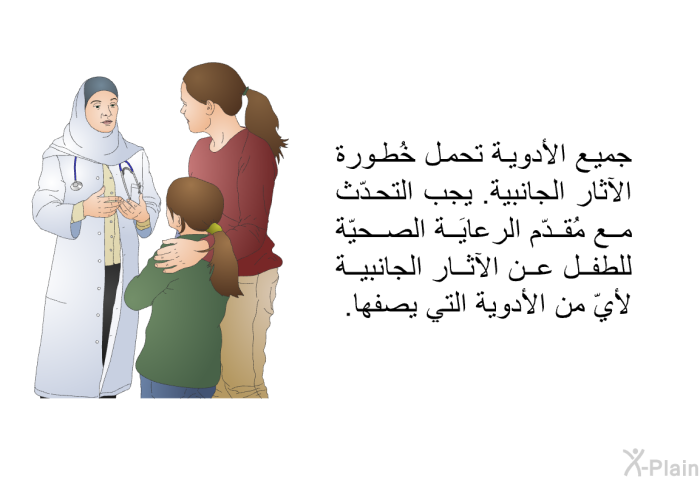 جميع الأدوية تحمل خُطورة الآثار الجانبية. يجب التحدّث مع مُقدّم الرعايَة الصحيّة للطفل عن الآثار الجانبية لأيّ من الأدوية التي يصفها.