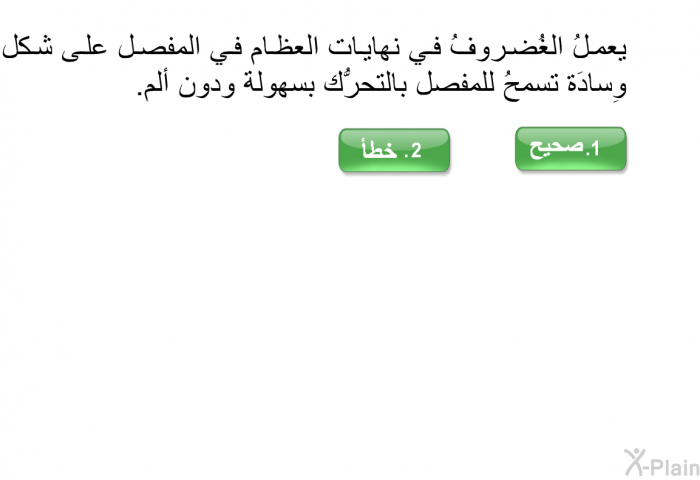 يعملُ الغُضروفُ في نهايات العظام في المفصل على شكل وِسادَة تسمحُ للمفصل بالتحرُّك بسهولة ودون ألم.