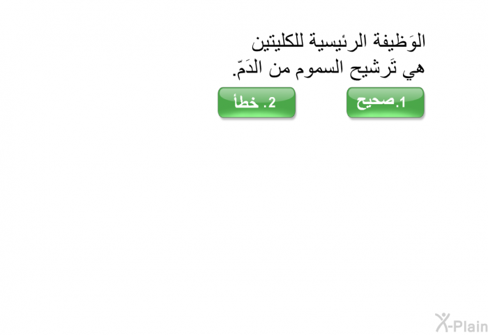 الوَظيفة الرئيسية للكليتين هي تَرشيح السموم من الدَمّ.