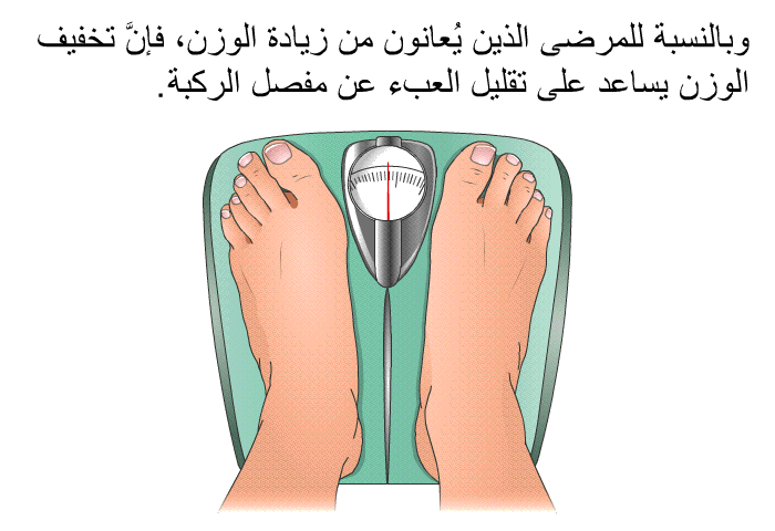 وبالنسبة للمرضى الذين يُعانون من زيادة الوزن، فإنَّ تخفيف الوزن يساعد على تقليل العبء عن مفصل الركبة.