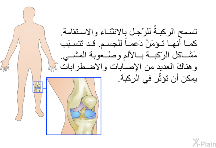 تسمح الركبةُ للرِّجل بالانثناء والاستقامة. كما أنها تؤمّنُ دَعماً للجسم. قد تتسبّب مَشاكل الرّكبة بالألم وصُعوبة المشي. وهناكَ العديد من الإصابات والاضطرابات يمكن أن تؤثّر في الركبة.