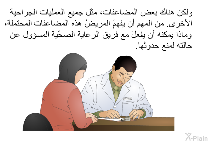 ولكن هناك بعض المضاعفات، مثل جميع العمليات الجراحية الأخرى. من المهم أن يفهمَ المريضُ هذه المضاعفات المحتملة، وماذا يمكنه أن يفعلَ مع فريق الرعاية الصحِّية المسؤول عن حالته لمنع حدوثها.