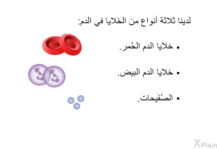 لدينا ثلاثة أنواع من الخَلايا في الدم<B>:</B>   خلايا الدم الحُمر<B>.</B>  خلايا الدم البيض<B>.</B> الصُفَيحات<B>.</B>