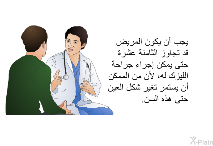 يجب أن يكون المريض قد تجاوز الثامنة عشرة حتى يمكن إجراء جراحة الليزك له، لأن من الممكن أن يستمر تغير شكل العين حتى هذه السن.