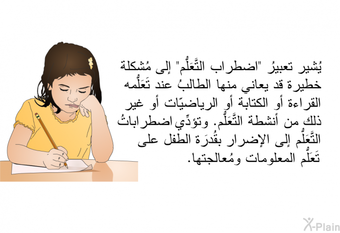 يُشير تعبيرُ "اضطراب التَّعَلُّم" إلى مُشكلة خطيرة قد يعاني منها الطالبُ عند تَعَلُّمه القراءة أو الكتابة أو الرياضيّات أو غير ذلك من أنشطة التَّعَلُّم. وتؤدِّي اضطراباتُ التَّعَلُّم إلى الإضرار بقُدرَة الطفل على تَعَلُّم المعلومات ومُعالجتها.