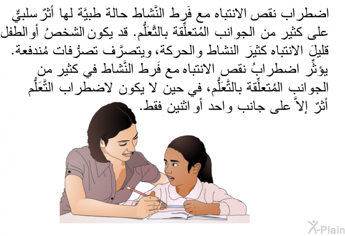 اضطراب نقص الانتباه مع فَرط النَّشاط حالةٌ طبيَّة لها أثرٌ سلبيٌّ على كثير من الجوانب المُتعلِّقة بالتَّعَلُّم. قد يكون الشخصُ أو الطفل قليلَ الانتباه كثيرَ النشاط والحركة، ويتصرَّف تصرُّفات مُندفعة. يٌؤثِّر اضطرابُ نقص الانتباه مع فَرط النَّشاط في كثير من الجوانب المُتعلِّقة بالتَّعَلُّم، في حين لا يكون لاضطراب التَّعَلُّم أثرٌ إلاَّ على جانب واحد أو اثنين فقط.