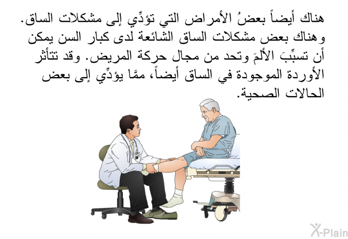 هناك أيضاً بعضُ الأمراض التي تؤدِّي إلى مشكلات الساق. وهناك بعض مشكلات الساق الشائعة لدى كبار السن يمكن أن تسبِّبَ الألمَ وتحد من مجال حركة المريض. وقد تتأثر الأوردة الموجودة في الساق أيضاً، ممَّا يؤدِّي إلى بعض الحالات الصحية.