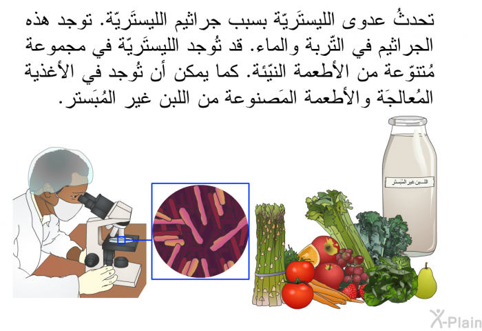 تحدثُ عدوى الليستَريّة بسبب جراثيم الليستَريّة. توجد هذه الجراثيم في التّربة والماء. قد تُوجد الليستَريّة في مجموعة مُتنوّعة من الأطعمة النيّئة. كما يمكن أن تُوجد في الأغذية المُعالجَة والأطعمة المَصنوعة من اللبن غير المُبَستر.