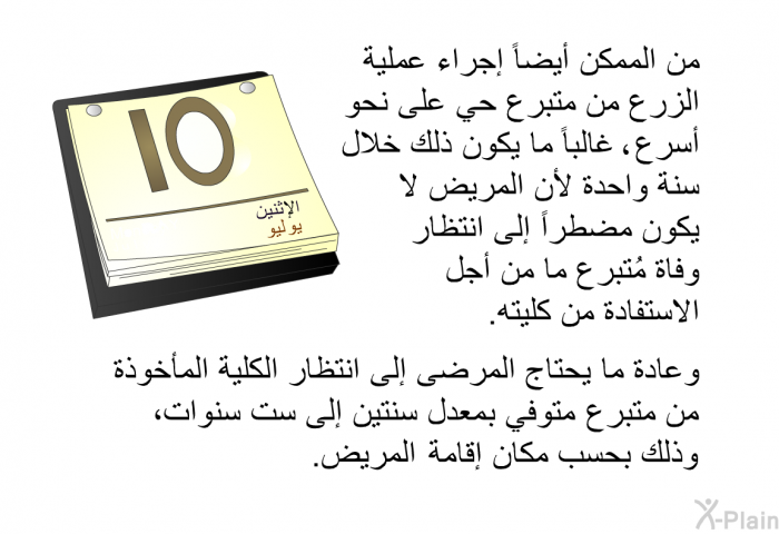 من الممكن أيضاً إجراء عملية الزرع من متبرع حي على نحو أسرع غالباً ما يكون ذلك خلال سنة واحدة لأن المريض لا يكون مضطراً إلى انتظار وفاة مُتبرع ما من أجل الاستفادة من كليته. وعادة ما يحتاج المرضى إلى انتظار الكلية المأخوذة من متبرع متوفي بمعدل سنتين إلى ست سنوات ، وذلك بحسب مكان إقامة المريض.