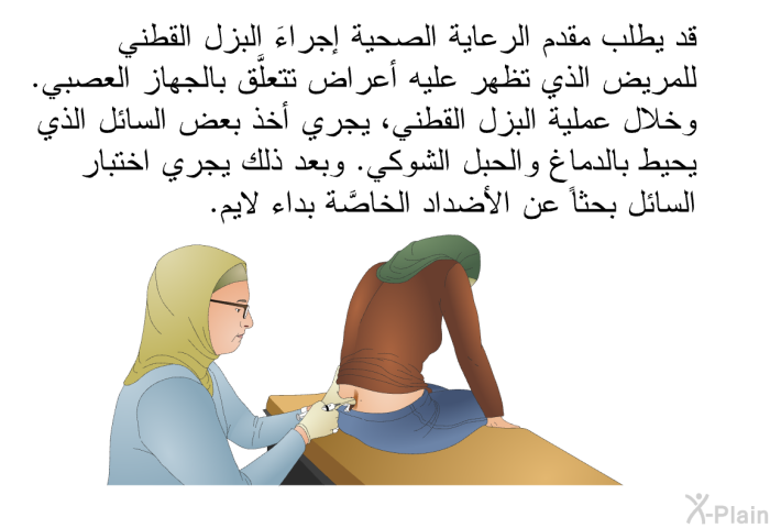 قد يطلب مقدم الرعاية الصحية إجراءَ البزل القطني للمريض الذي تظهر عليه أعراض تتعلَّق بالجهاز العصبي. وخلال عملية البزل القطني، يجري أخذ بعض السائل الذي يحيط بالدماغ والحبل الشوكي. وبعد ذلك يجري اختبار السائل بحثاً عن الأضداد الخاصَّة بداء لايم.