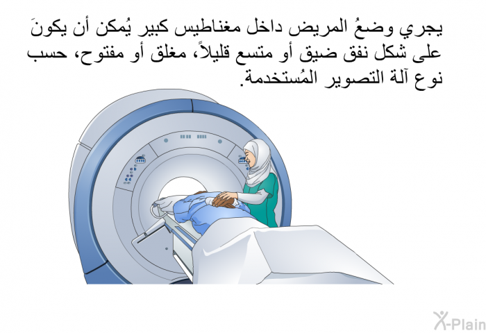 يجري وضعُ المريض داخل مغناطيس كبير يُمكن أن يكونَ على شكل نفق ضيق أو متسع قليلاً، مغلق أو مفتوح، حسب نوع آلة التصوير المُستخدمة.