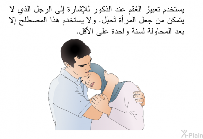 يستخدم تعبيرُ العُقم عند الذكور للإشارة إلى الرجل الذي لا يتمكن من جعل المرأة تَحبَل. ولا يستخدم هذا المصطلح إلاَّ بعد المحاولة لسنة واحدة على الأقل.