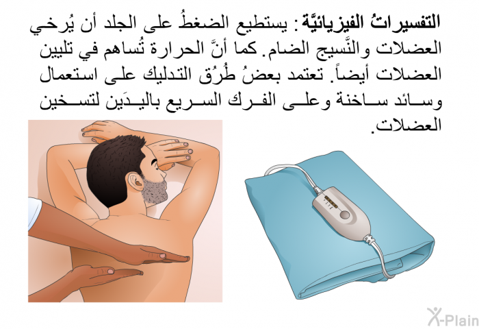 <U>التفسيراتُ الفيزيائيَّة</U>: يستطيع الضغطُ على الجلد أن يُرخي العضلات والنَّسيج الضام. كما أنَّ الحرارة تُساهم في تليين العضلات أيضاً. تعتمد بعضُ طُرُق التدليك على استعمال وسائد ساخنة وعلى الفرك السريع باليدَين لتسخين العضلات.